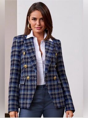 BOSTON PROPER
Double Breasted Plaid Tweed Blazer. 
Size 2